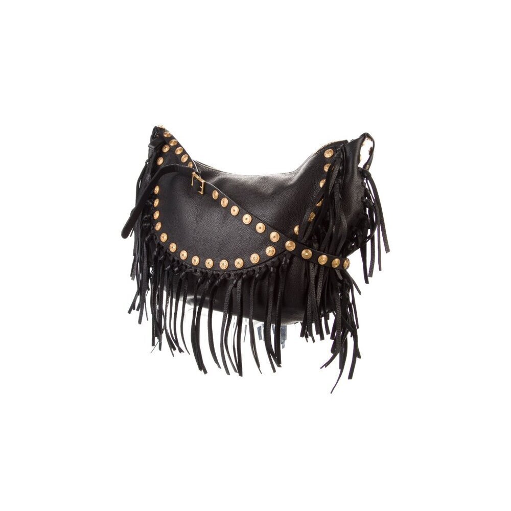 Valentino C-Rockee Fringe Hobo Black Leather Shoulder Bag With Gold Studs
